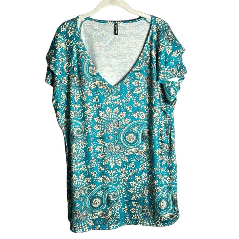 Mengpipi Teal Paisley Print V Neckline Blouse Short Ruffle Sleeves XXL